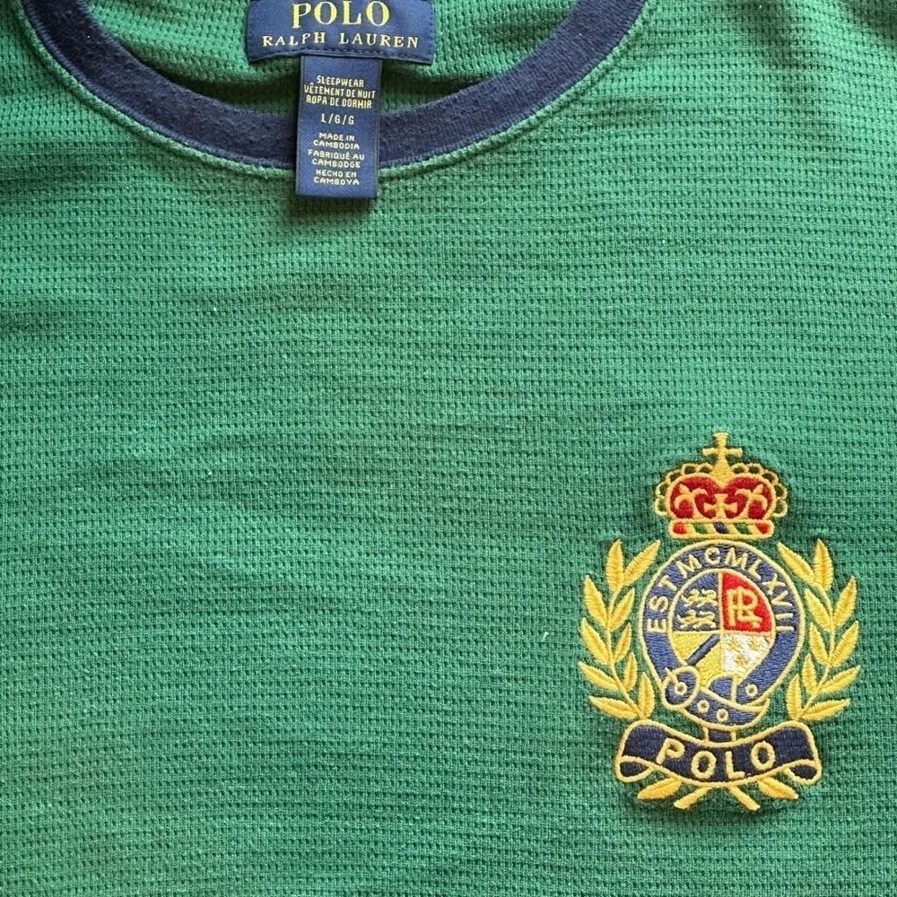 Polo Ralph Lauren Crest Embroidered Waffle Long Sleeve Tee Green/Blue Mens Large